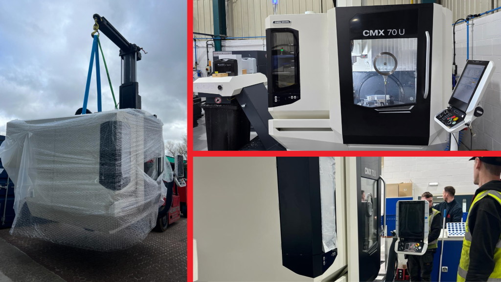 image shows 3 images of the DMG CMX 70U machine being delievred to ADP Precision Engineering